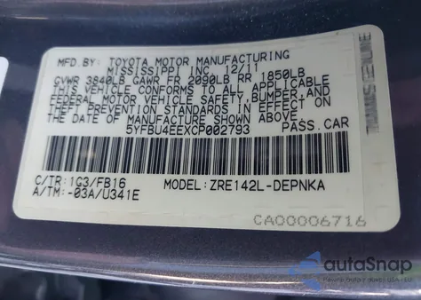2012 Toyota Corolla Le from USA, damaged, VIN 5YFBU4EEXCP002793